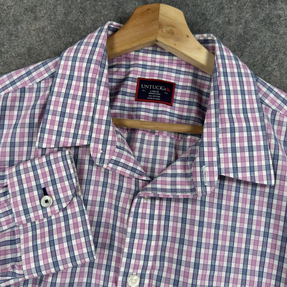 UNTUCKit Dolcetto Shirt Mens Large Pink Blue Check Wrinkle Free Long Sleeve